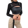 thumbnail image 3 of Hauts Courts Aguichant à Manches Longues en Maille Noire Col Rond Transparent T-Shirt Blouse pour Femmes, 3 of 4