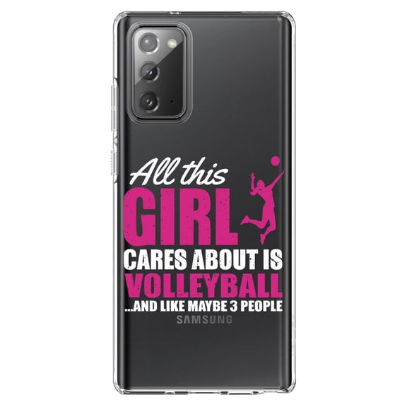 DistinctInk Clear Shockproof Hybrid Case for Samsung Galaxy Note 20 (6.7" Screen) - TPU Bumper Acrylic Back Tempered Glass Screen Protector - All This Girl Cares About is Volleyball