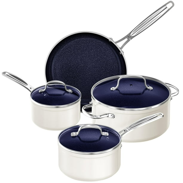 Nuwave Juego de utensilios de cocina de 7 piezas, cerámica saludable Duralon azul con revestimiento antiadherente, resistente a los arañazos con infusión de diamante, libre de PFAS, apto para horno, l
