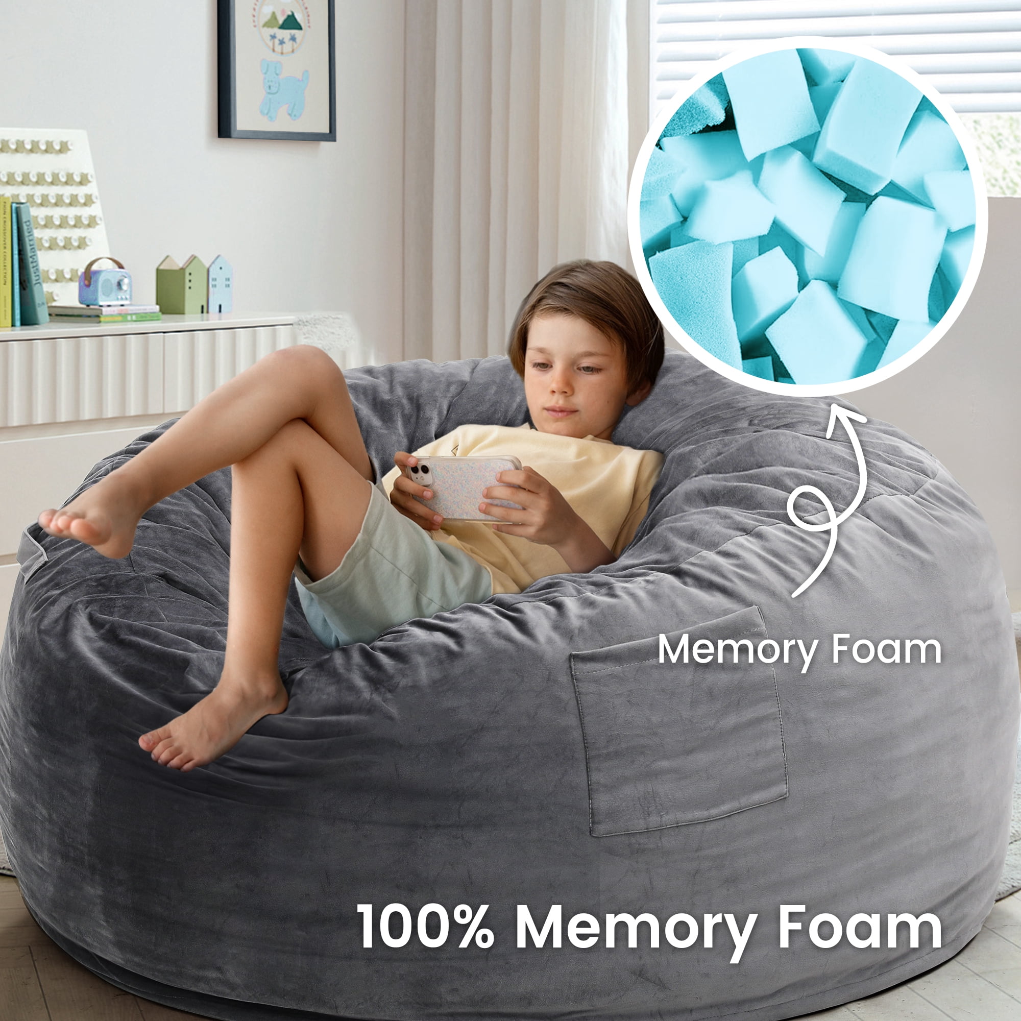 Melocadol 3.5ft Bean Bag Chair for Adults Kids, Premium Memory Foam, Washable Suede Fabric, Sturdy Zipper, Comfy Chair for Home, Den, Dorm, Light Gray