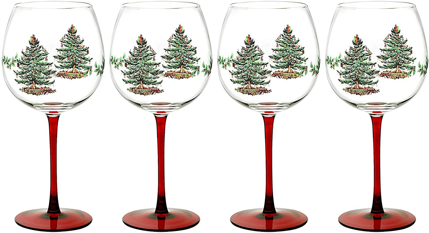 Spode Christmas Tree Glass Wine Goblet with Red Stem, Set of 4 