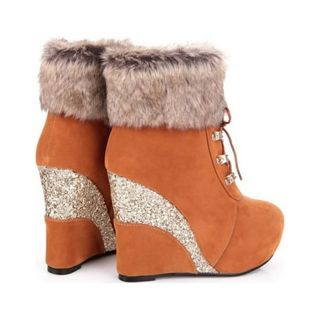 

VKEKIEO Ankle Boots For Women Round Toe High Heel Walking Shoes Sequin Slip-On Yellow Winter Boots