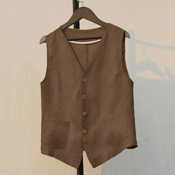 YOUSNH Vest Ladies Cotton Vest V Neck Spring and Summer Cardigan Sleeveless Thin Vest Style Vest with Pockets Plain Color Casual Jackets for Women Khaki XL