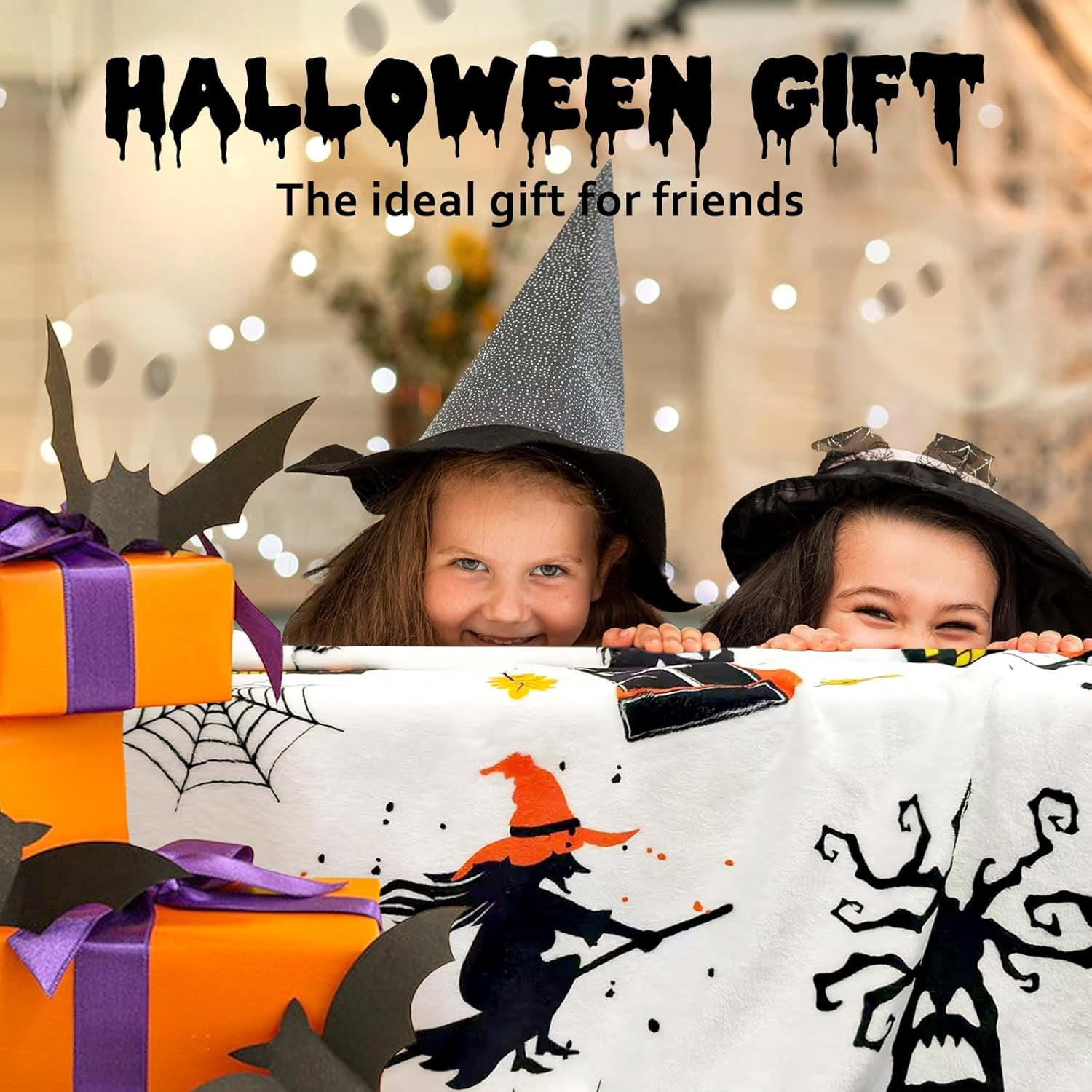 Halloween Fleece Throw Blanket, Spooky Black Witch Bats Tombstones Plush Soft Lightweight Flannel Fleece Blanket 50"x60"