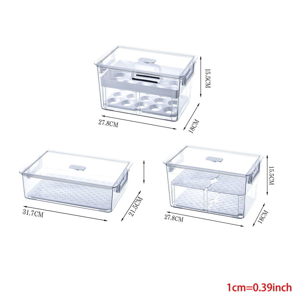 Kitchen Refrigerator Plastic Clear Storage Box Transparent Food Egg Dumplings Storage Containers Fridge Produce Saver Stackable Organizer with Lids Removable Drain Tray