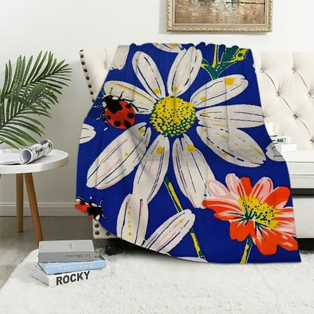 Creowell Flowers Ladybug Blanket Cozy Soft Flannel Throw Blanket for Bed Sofa Travel All Seasons Long-Lasting 40x50in