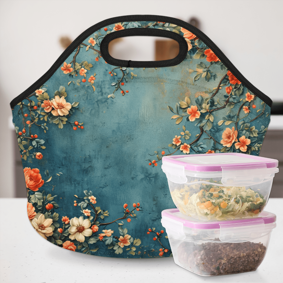 Herdesigns Vintage Floral Neoprene Lunch Bag, Flowers Insulated Lunch Box for Women Men Washable Lunch Tote Soft Lunch Container With Zipper for Work Picnic Travel