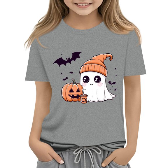 Kids Halloween Shirts Crew Neck Short Sleeve Halloween Tees Cute Ghost Print Casual Halloween Tops for Boys Girls Halloween Costume