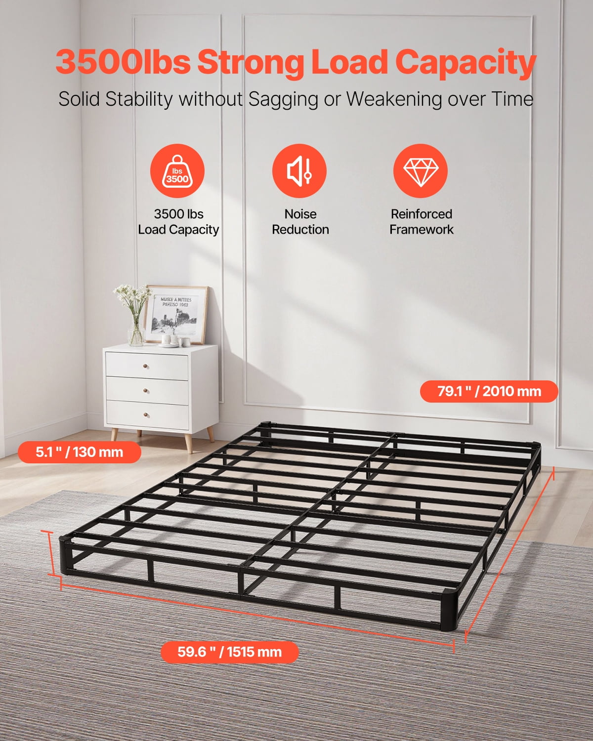 VEVOR Box Spring, Queen Size Bed Frame with Washable Fabric Cloth, Heavy Duty Metal Frame for Queen Bed, 5 in Mattress Foundation, 3500 lbs Max Weight Capacity, Easy Assembly