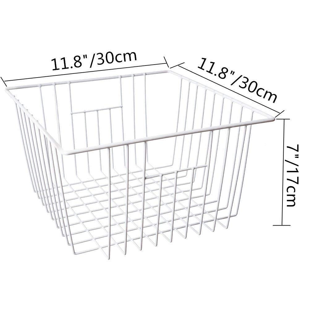 SANNO Deep Refrigerator Freezer Baskets, Large Household Wire Storage Basket Bins Organizer with Handles for Kitchen, Pantry, Freezer, Cabinet, Closets, Pearl White, Set of 2