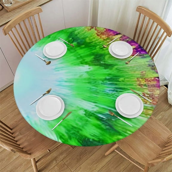 HAOXIT Tie Dye Round Fitted Tablecloth,, Elastic Edge, Can Wipe Indoor/Outdoor Dining Table Cover, Fit for Round Table 31-35