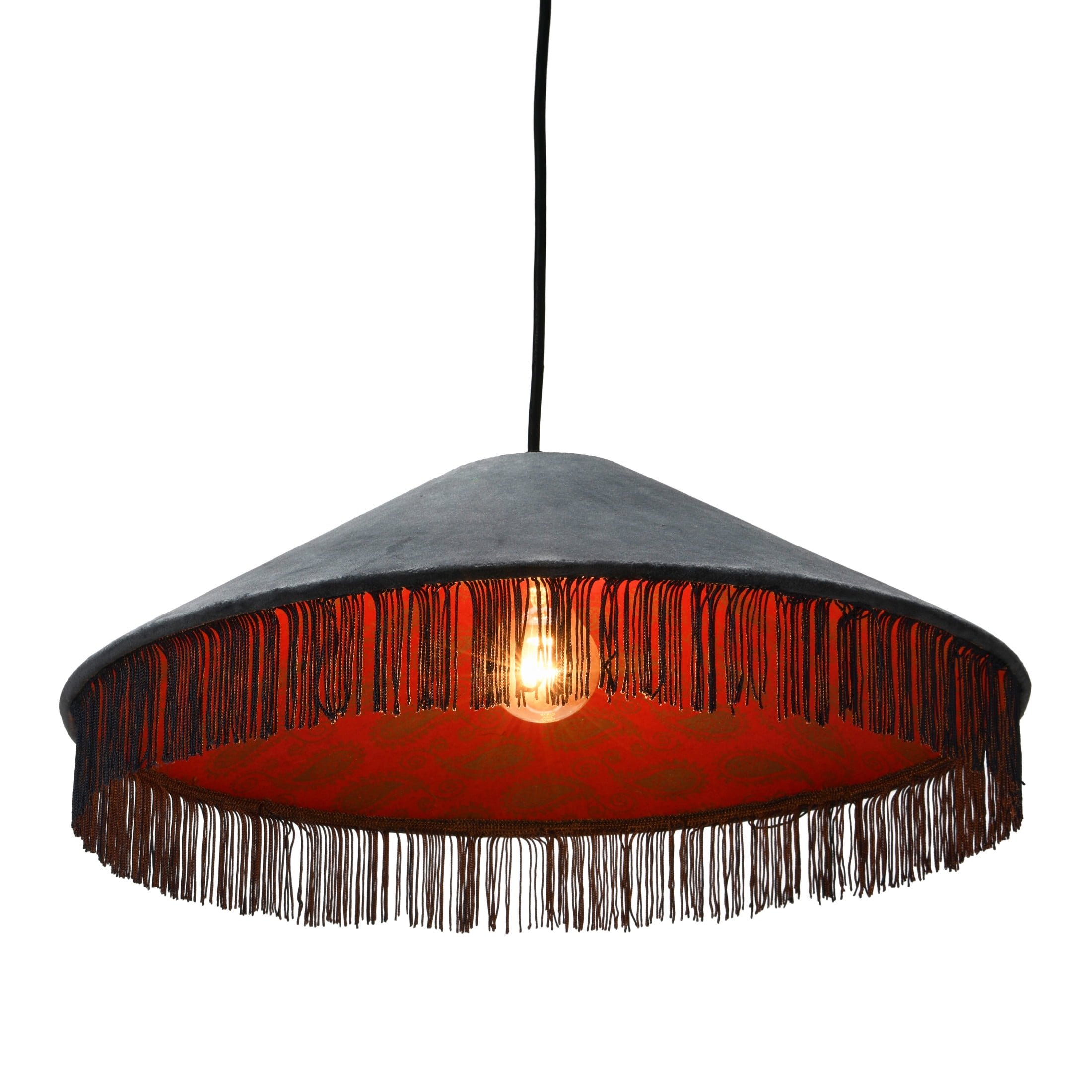 Creative Co-Op Creative Co-Op Mid Century Velvet Ceiling Light with Tassels, Charcoal
