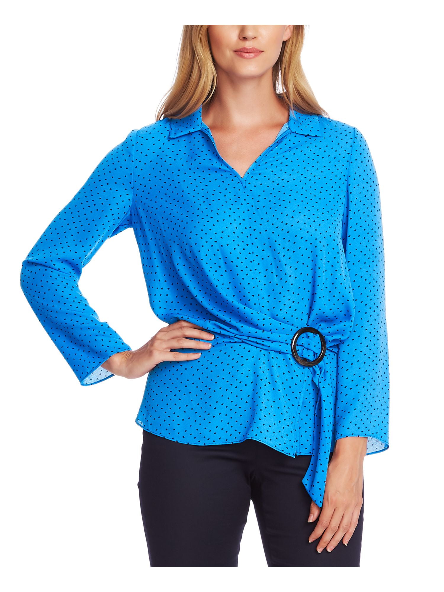 Vince Camuto VINCE CAMUTO Womens Blue Collared Long Sleeve V Neck