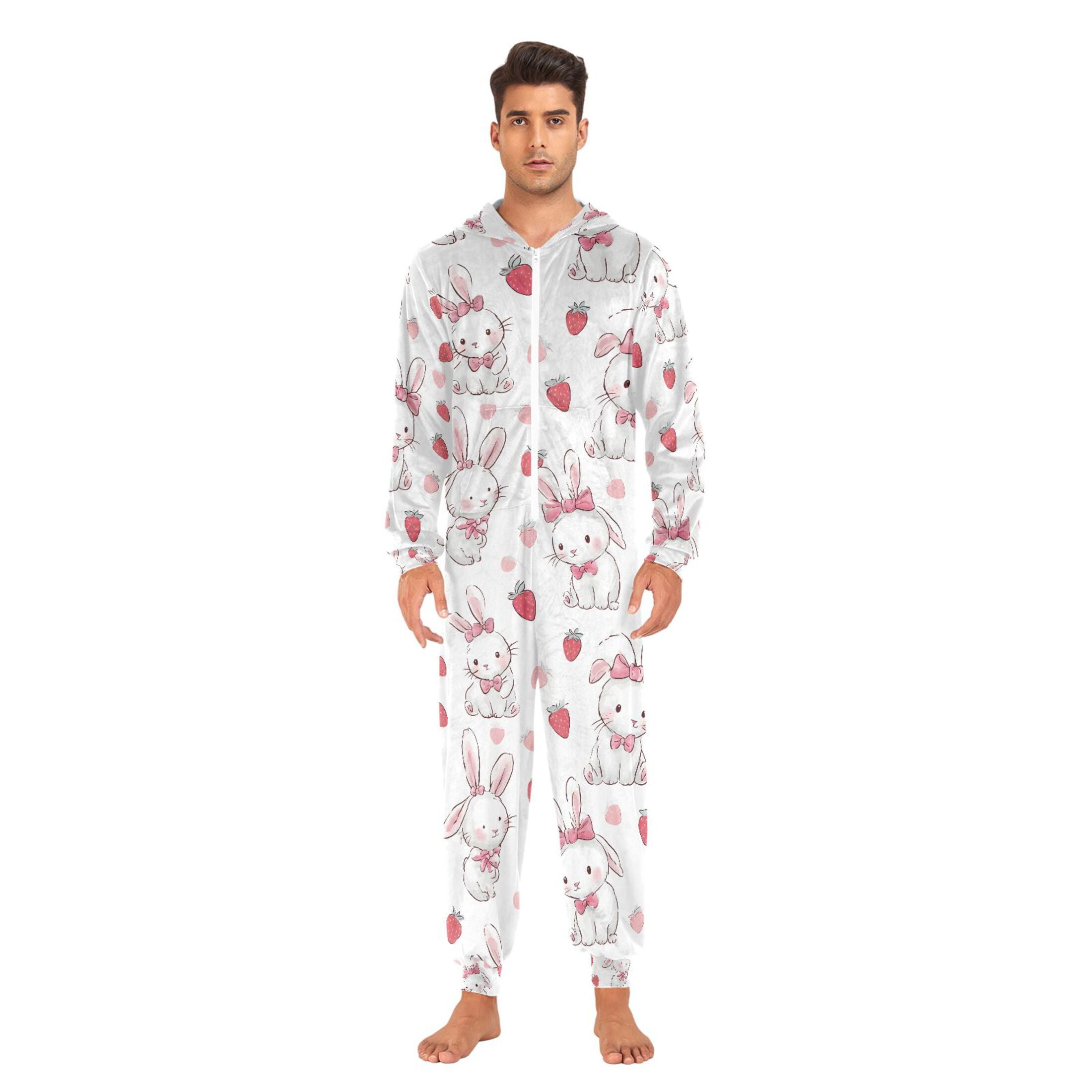 Adult Christmas Onesie Strawberry Rabbit Adult Zipper One-Piece Pajamas Unisex Pajamas with Pockets
