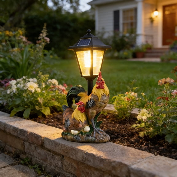 Solar Animal Garden Statue Light,Waterproof Resin Rooster Hen Decor,LED Solar Powered Light Auto On/Off,Rustic Farmhouse Decor for Yard Patio Pathway Lawn Outdoor Ornament