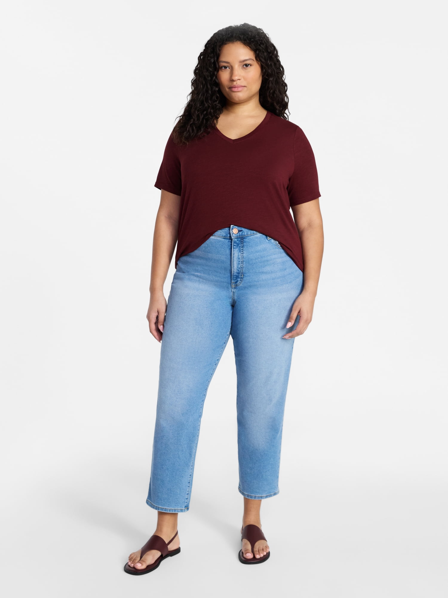 Terra & Sky Women's Plus Size V-Neck Tee with Short Sleeves, Sizes 0X-5X