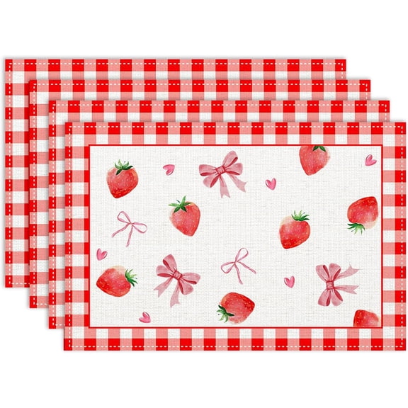 Strawberry Placemats Set of 4, 12x18 Inch Pink Cute Strawberry Buffalo Plaid Summer Fruits Ribbon Farmhouse Seasonal Spring Holiday Coffee Table Mats for Party Kitchen Dining Decoration