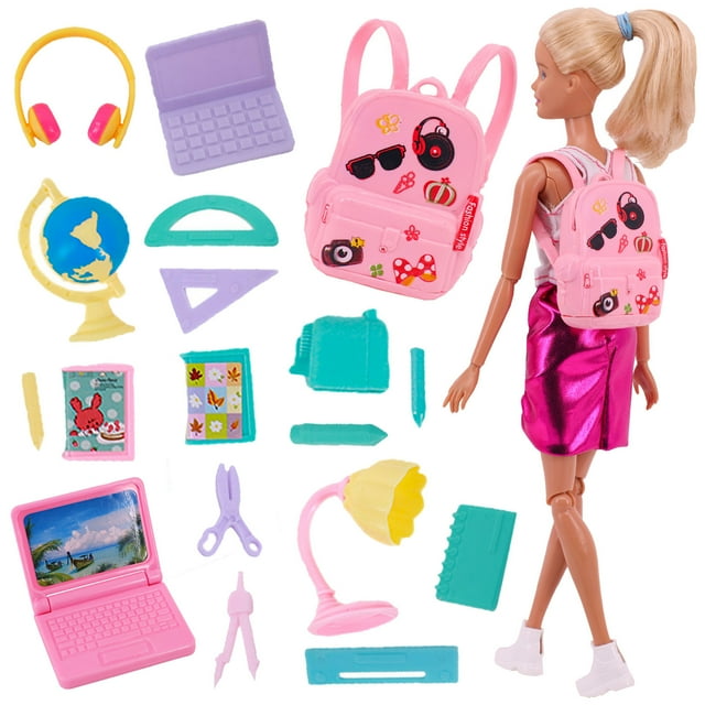 18 piezas de accesorios escolares para muñecas para niñas, mini mochila para muñecas, mini lámpara de escritorio, portátil, mini gafas y auriculares para muñecas de 11,5 pulgadas (muñeca no incluida) JAMW Sencillez