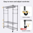 thumbnail image 6 of Heavy Duty Clothes Rack, Adjustable Rolling Garment Rack with Shelves, Freestanding Wardrobe Rack 1 Clothes Hanging Bar, 3 tired Wire Shelving, 4 Hanger Hooks - Hold Up to 400Lbs (Black, 1Rod 4Hook), 6 of 7
