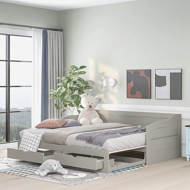 ModernLuxe Twin Daybed with Trundle and Two Storage Drawers, Wooden