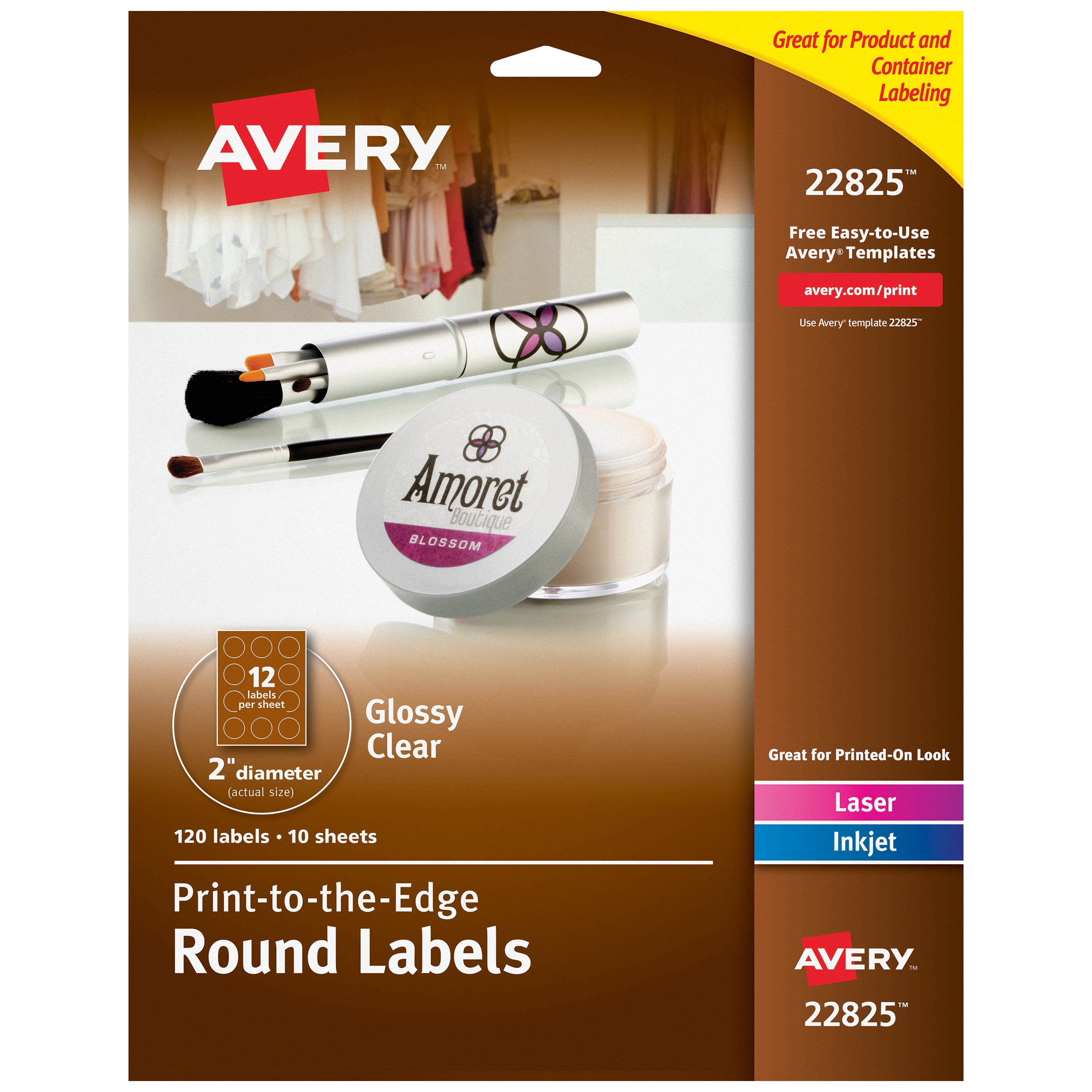 Avery Glossy Clear 2" Round Labels, Sure Feed, 120 Labels (22825