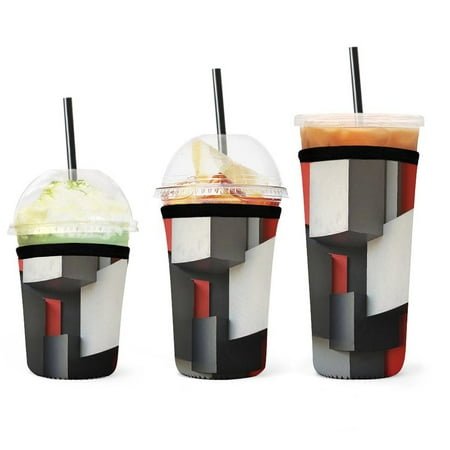 

Set of 3 Packs Reusable Hot And Iced Coffee Cup Sleeve Neoprene Tumbler Sleeve Beige And Black And Red Squares(16 24 32oz)