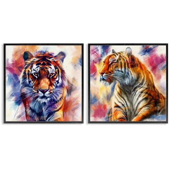 Stupell Industries In The Wild Fierce Tiger Animals Painting Black Framed Art Print Wall Art, 12 x 12, Set of 2