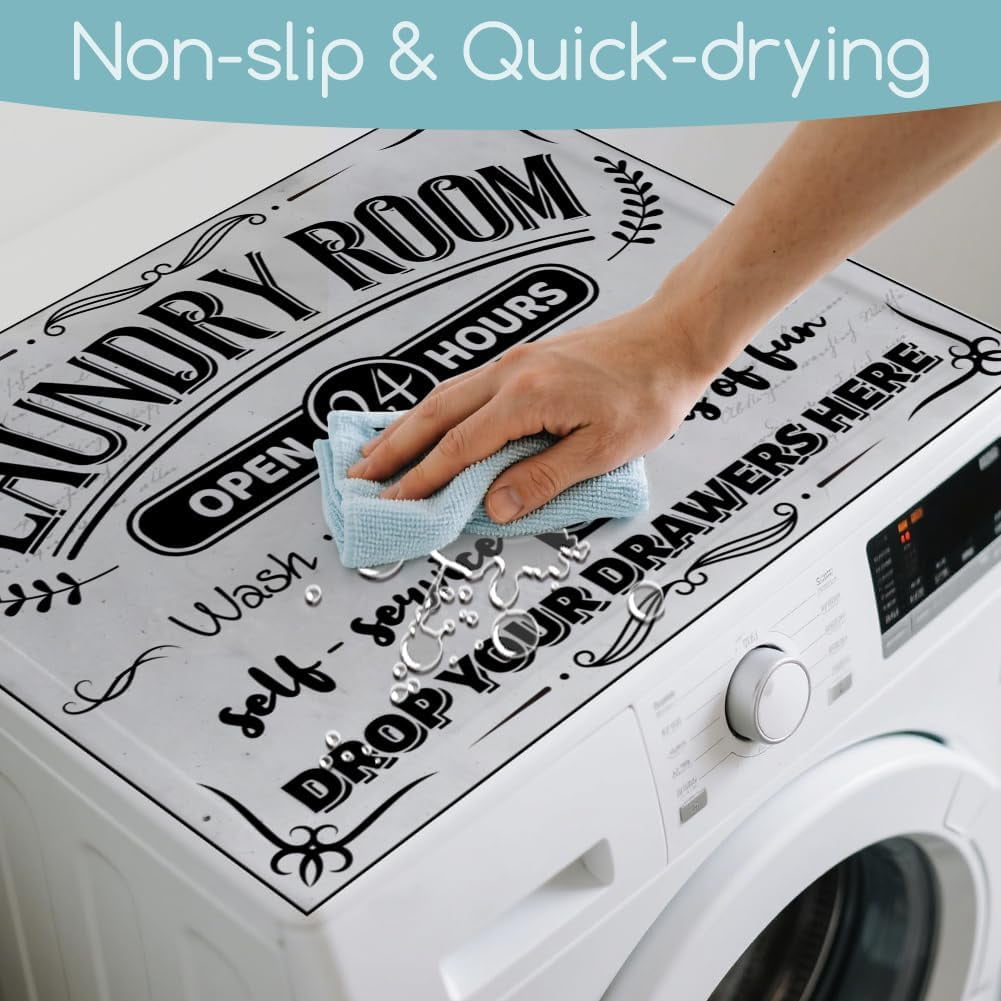 Retro Laundry Room Washer Dryer Dust Cover 23.6×19.7inch Text Washing Machine Top Protector Pads Non Slip Washing Machine Top Covers