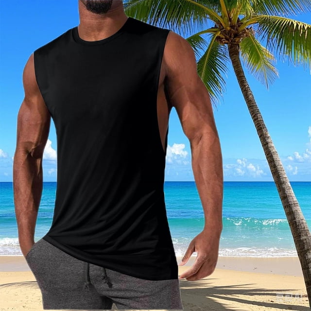 pstuiky Camisetas sin mangas para hombre, Camiseta deportiva de color liso de alta elasticidad para hombre, cuello redondo, sin mangas, para fitness y musculación. Camisas de hombre xxxl