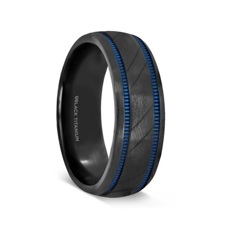 Carved Dragon Ring - Patrol Black Titanium Carved Diagonal Pattern Brushed Finish Mens Wedding Ring With Blue Milgrain Grooves
