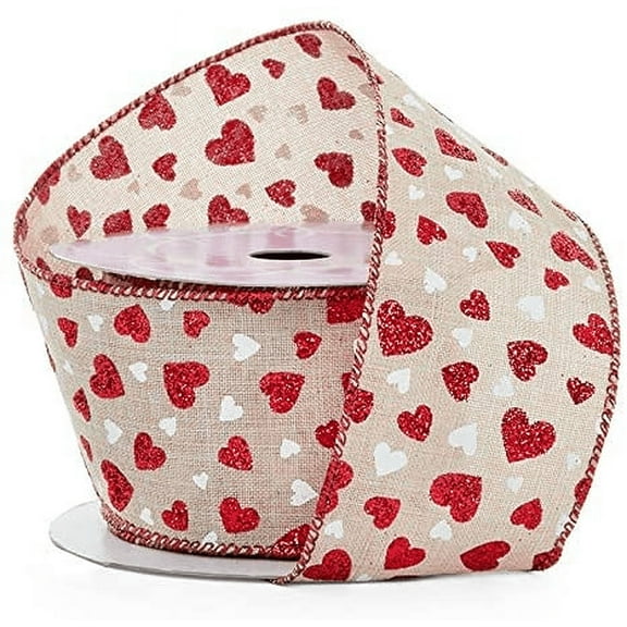 Faux Jute Valentine Hearts Ribbon - 2 1/2" x 10 Yards, Red Glitter Hearts, White Matte Hearts, Red Wired Edges, Christmas, Valentine’s Day, Bouquet