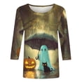 thumbnail image 4 of Shihyeh Women Halloween Jackolantern Print Blouse V Neck 3/4 Sleeve Flare Sleeve Button Front Dressy Casual Top for Adult, 4 of 5
