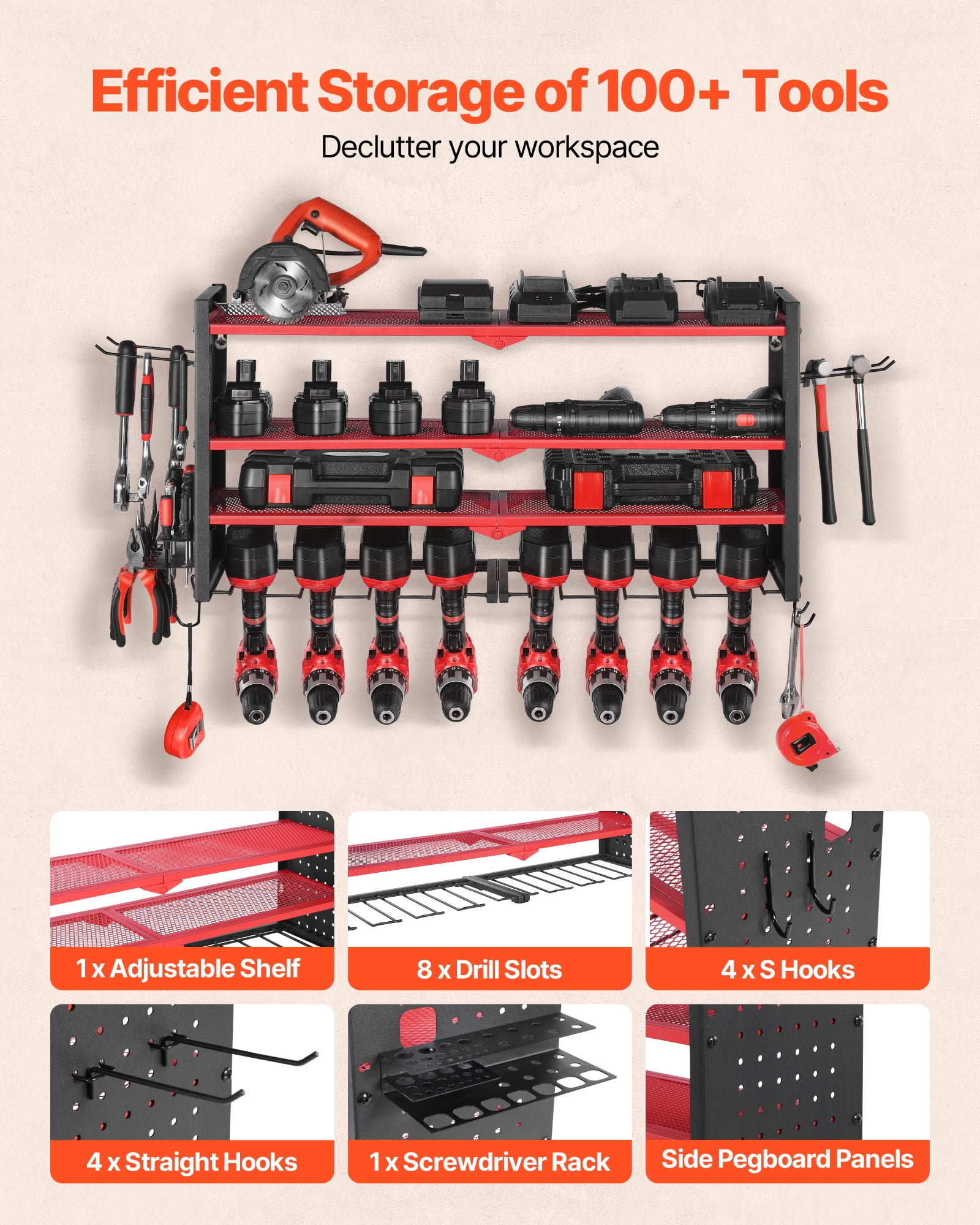 VEVOR Power Tool Organizer Wall Mount, 4-Layer Storage Rack with 8 Drill Holders, Tools Holder and Storage Rack with Side Pegboards, Garage Tool Organizer for Garage, Workbench, and Workshop