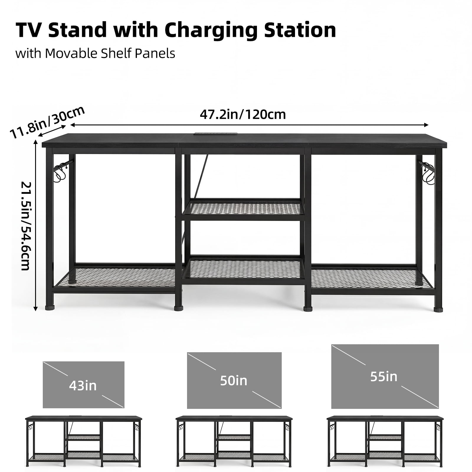 Tomnk TV Stand for 55 Inch TV, Entertainment Center with Power Outlet and Open Storage Shelves, Media Console Table for Living Room and Bedroom, Black