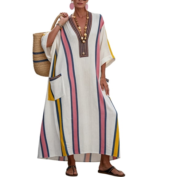 Uootdi Womens Kaftan Dresses Stripe Print V Neck 3/4 Sleeve Pocket Loose Fit Maxi Dresses Boho Style Dresses Gift