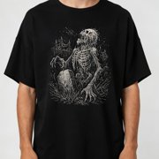 Men's Graphic T-Shirt Featuring a Zombie Skeleton Design - A Gothic Heavy Metal Inspired Heavyweight Tee Made of Sm Fabric, Designed with a Hot Transfer Print. This Round Neck, Short Sleeve Casual
