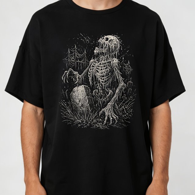 T-Shirt Graphique pour Homme avec un Motif de Squelette de Zombie - un T-Shirt Lourd Inspiré du Heavy Metal Gothique en Tissu Sm, Conçu avec un Imprimé de Transfert Chaud. Ce Col Rond, Manches Courtes Décontracté