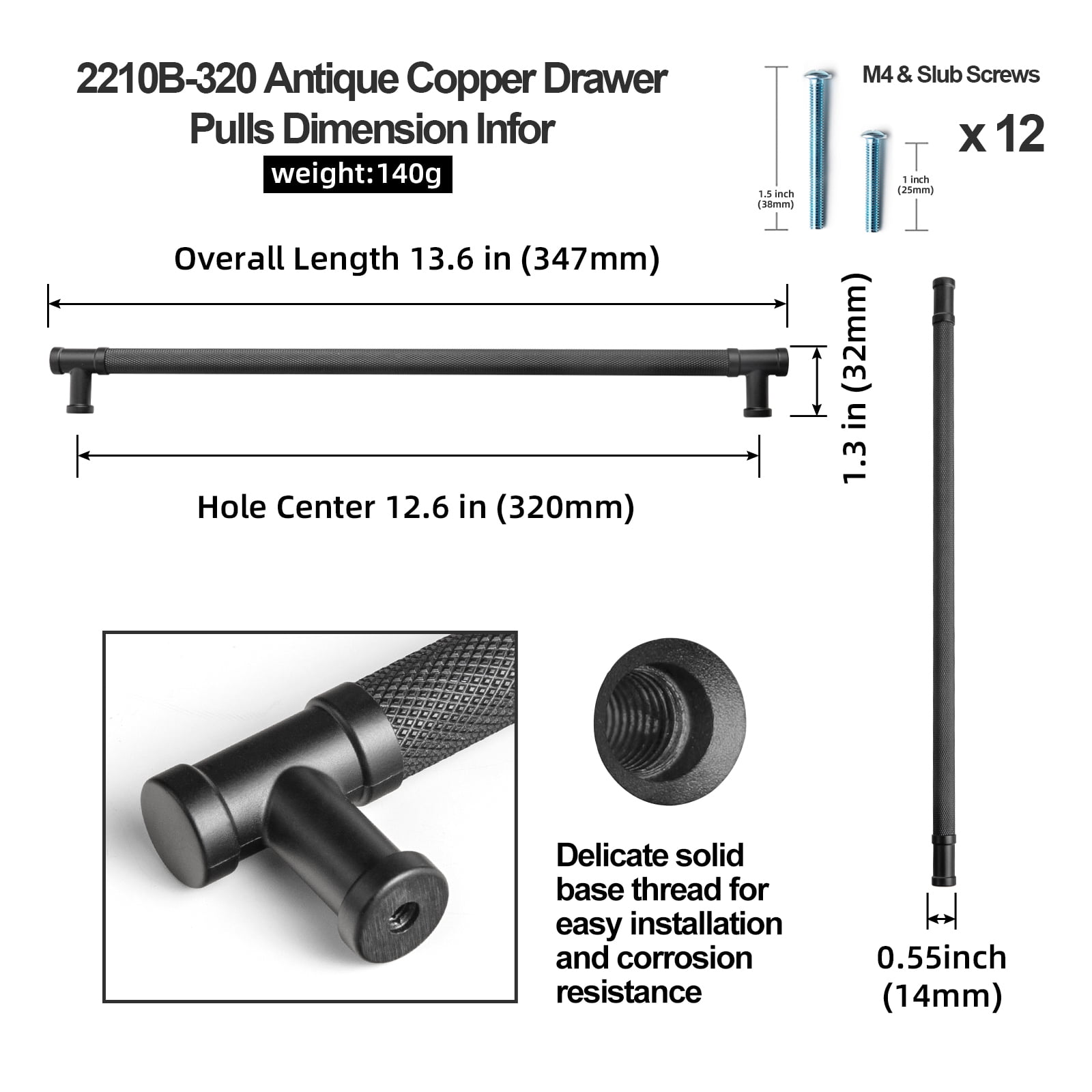 Goo-Ki 12 Pack Knurled Matte Black Zinc Alloy Kitchen Cabinet Handles, Closet Classic 12.6"(320mm) Hole Center Cabinet Pulls Dresser Handles for Bedroom
