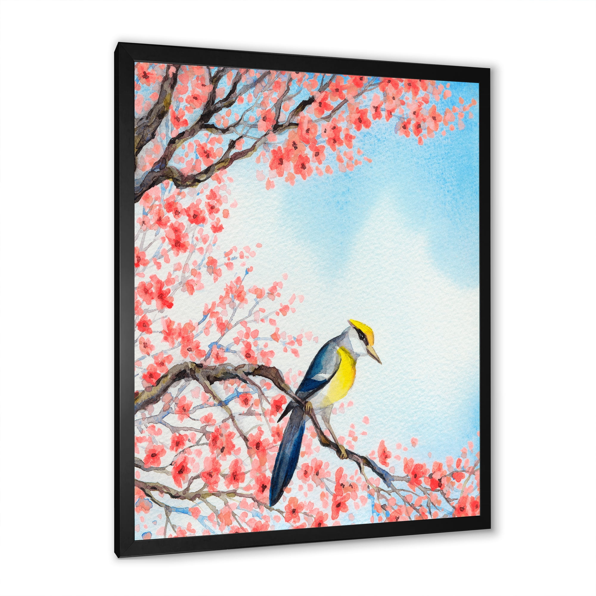 Beautiful Red Bird Sitting On Flowering Branch I 16 in x 32 in Framed Painting Canvas Art Print, by Designart