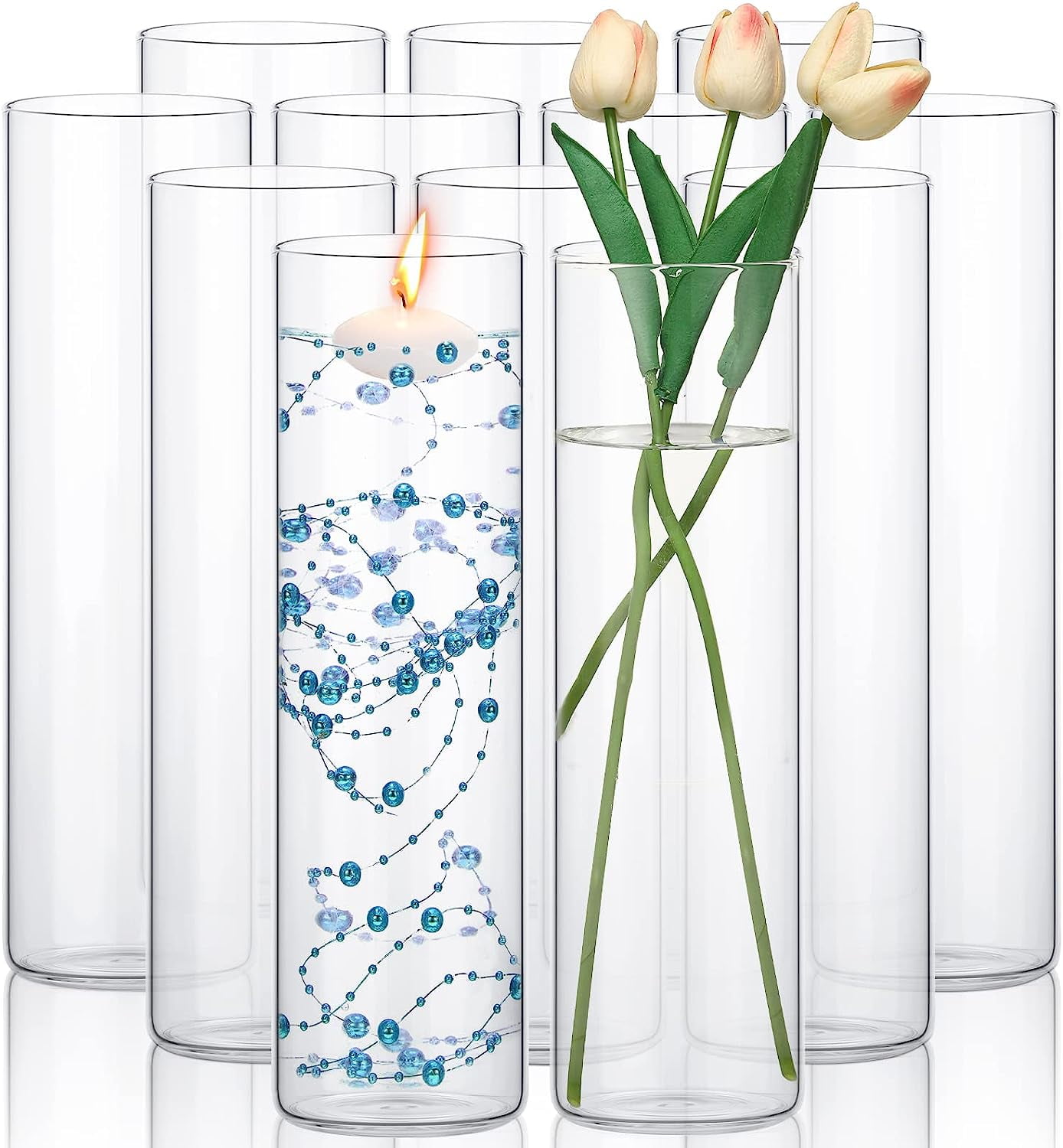 12 Pack Glass Clear Cylinder Vases Tall Floating Candle Holders