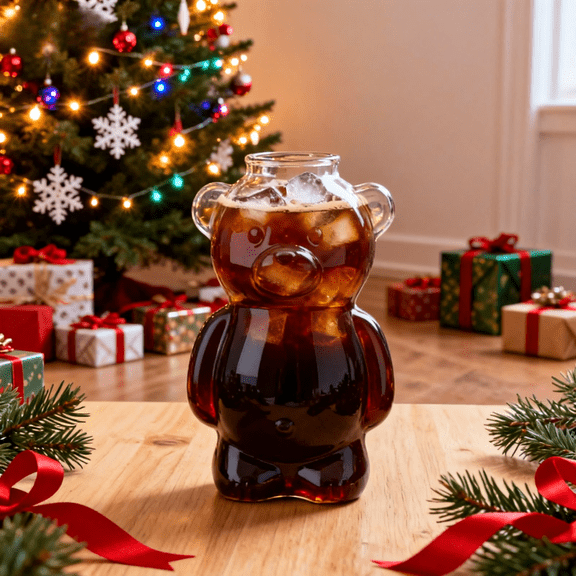 2025 New Bear Straw Cup Glass Mug, 11oz Bear-Shaped Cold Cup, Perfect for Holiday Gifts, Iced Coffees, Cold Brews, Glass, Holiday Vibes, Viral Christmas Cup,(1 Bear Cup)