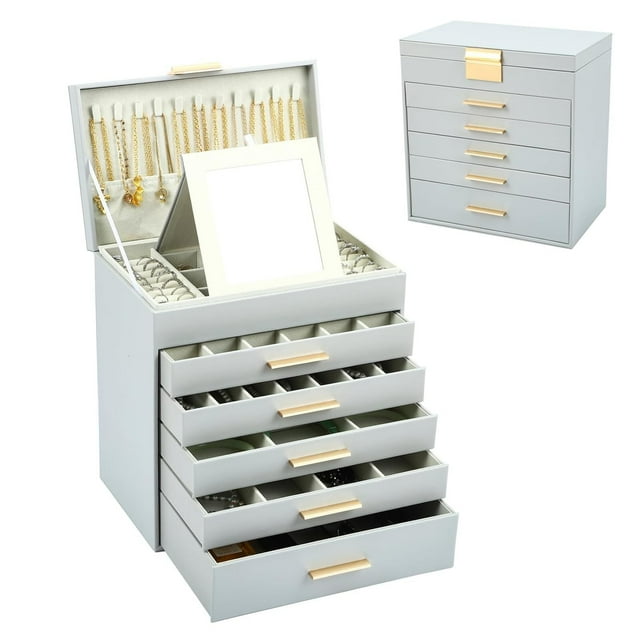 Joyero Organizador de 6 Niveles con Espejo, Caja de Joyas de Cuero con Cajones de 5 Capas, Regalo para Mujer,Alahero Joyero Mujer,adecuada para joyas, Aretes, Anillos (Gris)