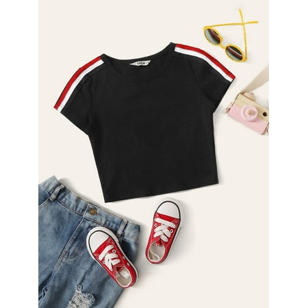 

Sleeveless Girls Striped Tape Sleeve Tees T Shirt S221904X Black 9Y(53IN)