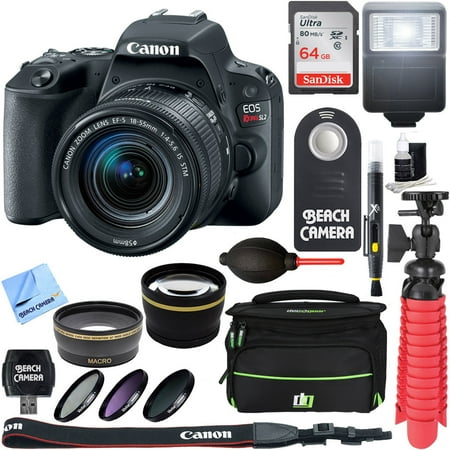 - Canon EOS Rebel SL2 Digital SLR Camera + EF-S 18-55mm IS STM Lens Kit + Accessory Bundle 64GB SDXC Memory + DSLR Photo Bag + Wide Angle Lens + 2x Telephoto Lens + Flash + Remote + Tripod & More