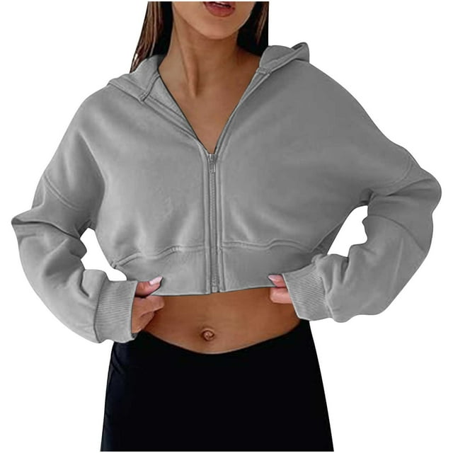 MeetoTime Chandail à Capuchon Court pour Femmes à Fermeture Éclair, Chandail en Molleton Léger, Veste à Capuchon Décontractée