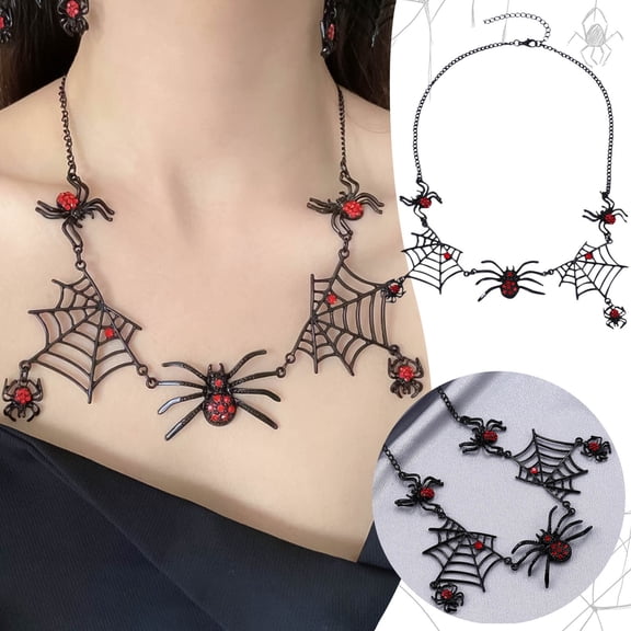 1PC Gothic Black Spider Web Choker Necklace with Red Rhinestones, Halloween Goth Spider Pendant Statement Necklace, Spooky Witch Costume Jewelry for Women