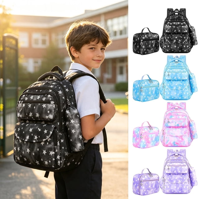 Conjunto de mochila escolar para niñas con bolsa para el almuerzo y estuche para lápices, estampado de estrellas impermeable, gran capacidad para primaria, 3 piezas.