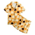 thumbnail image 5 of Caqnni Satin Pajamas Set for Girl Halloween Skeleton Pumpkin Print Pjs 2 Piece Short Sleeve Button-Down Shirt with Shorts Girls Halloween Pajamas Sets (6-7 Years,Yellow), 5 of 5