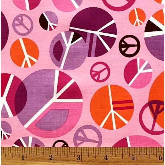 1 Fat Quarter - Peace Signs Girls Rock on Pink Cotton Fabric - 21" X 18"
