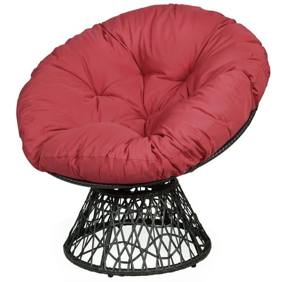 Patiojoy Rattan Papasan Chair Ergonomic Chair All-Weather Wicker 360-Degree Swivel Cushion for Outdoor & Indoor Red